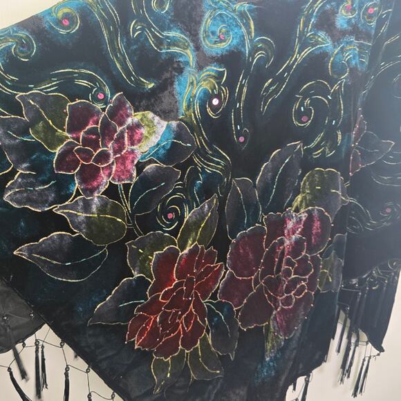 Coldwater Creek Velvet Burnout Beaded Floral Poncho Tassel Fringe OS - Picture 8 of 8